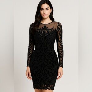 NEW Marchesa Notte Black Velvet Burnout Sequin Mesh Long Sleeve‎ Sheath Dress 6